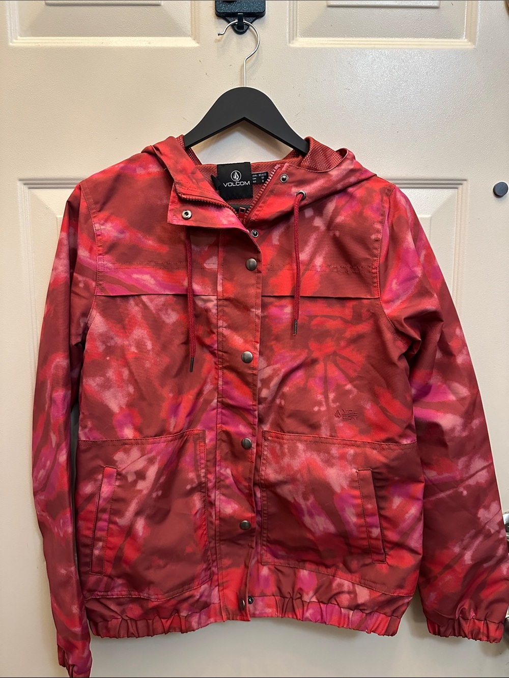Volcom Women’s Red & Pink Tie-Dye Hooded Utility Jacket